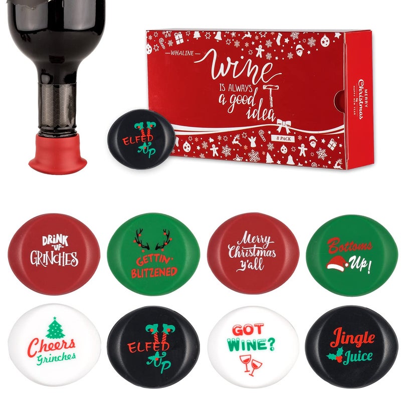Whaline 8 Pack Christmas Wine Bottle Stoppers and Gift Box, Funny Silicone Reusable Caps Bottle Sealers with a Funny Saying for Wine Beer Bottles - Image 1